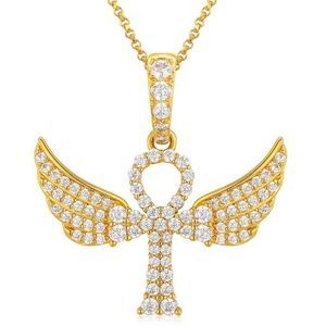 VVS1 Moissanite Ankh Cross with Wings Pendant Necklace 18k Yellow Gold Plated